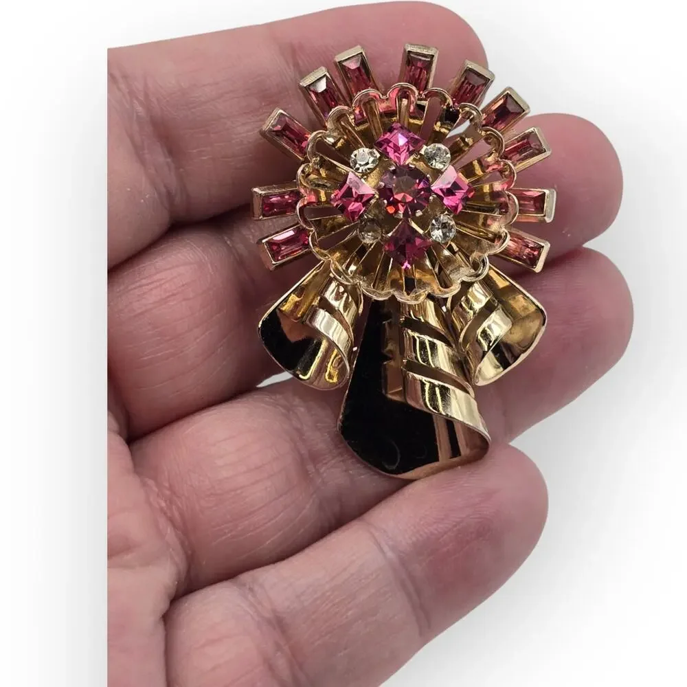 Pink Rhinestone Ribbon Bow Brooch Pendant Gold Tone Vintage Mid-Century Glamour